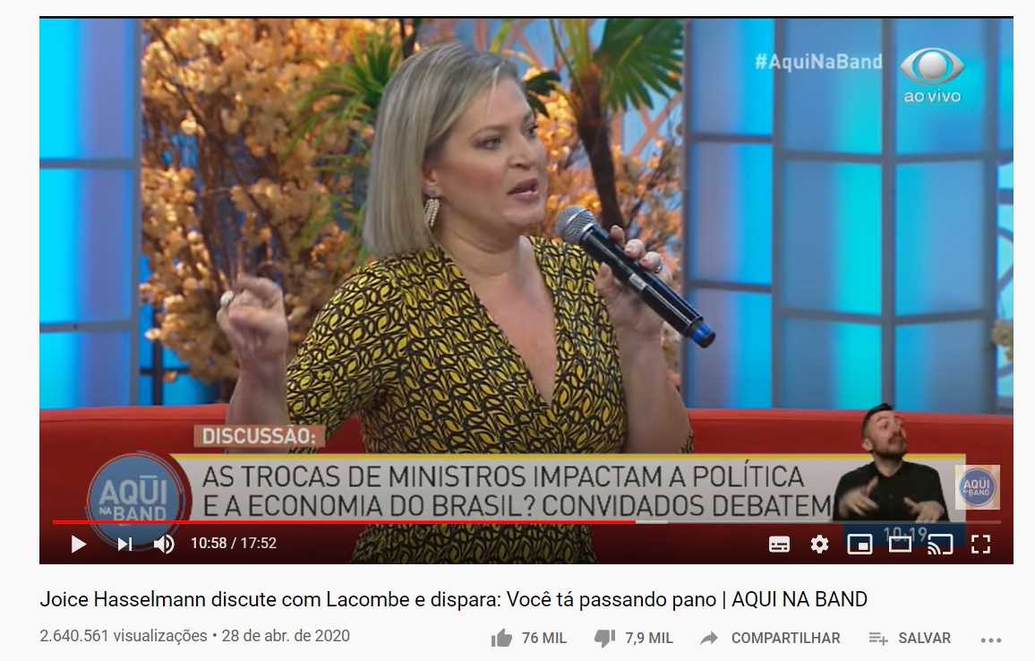 Print do vídeo de Joice Hasselmann no Aqui na Band