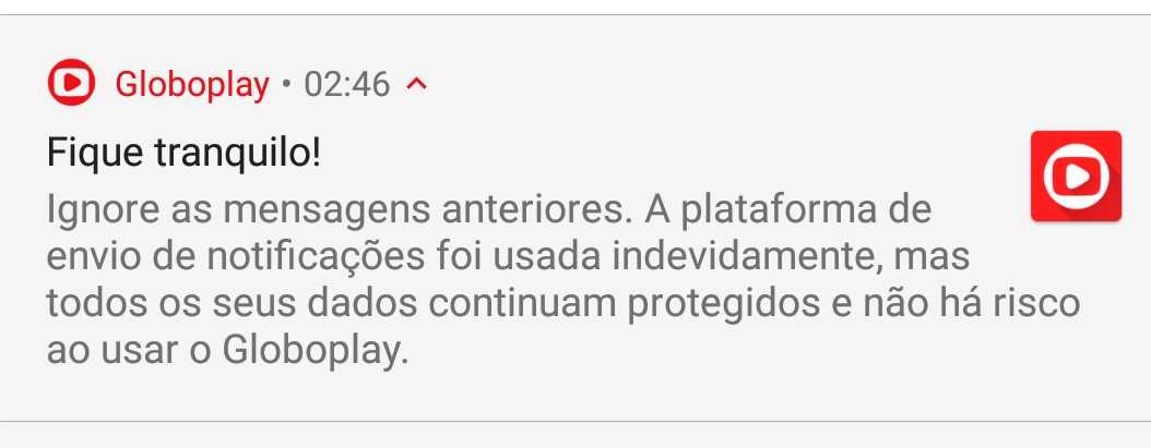 Notificação do GloboPlay após ação de Hackers