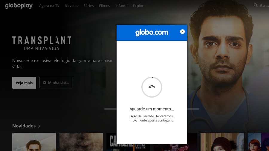 Tela do Globoplay exibe aviso, após estreia do BBB 21