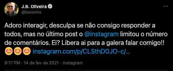 Boninho escreve no Twitter acusando o Instagram de bloquear comentários 