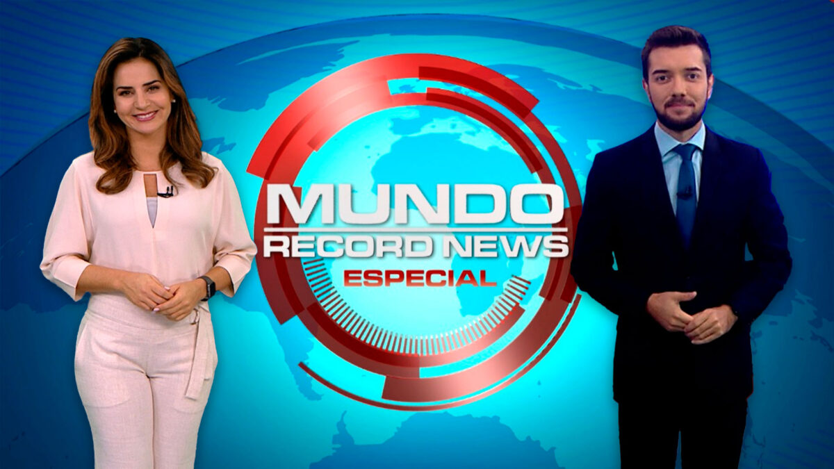 Kelly Godoy e Jhonatan Mazini no cenário do Mundo Record News