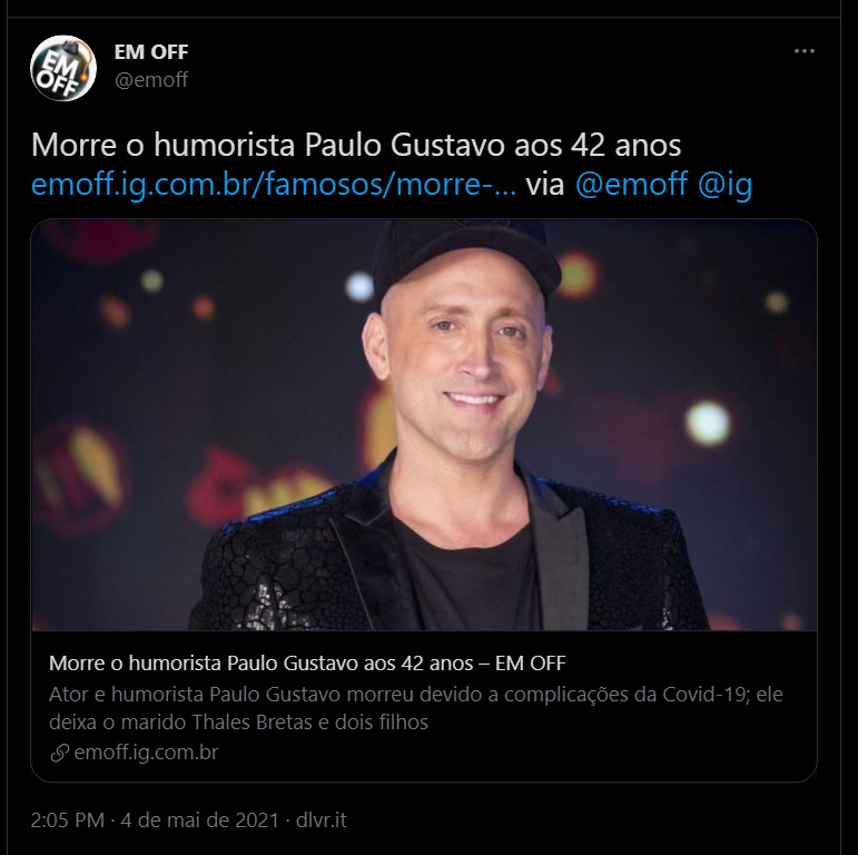 Prints do site em off destacando a morte de Paulo Gustavo