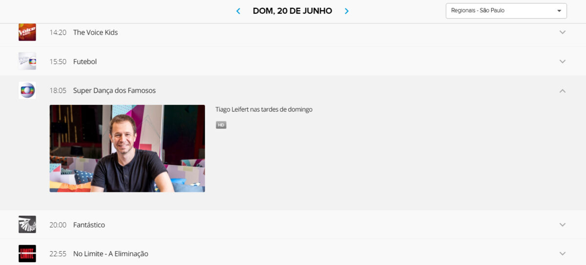 Print do site da programação da TV Globo prevista para o próximo domingo (20)