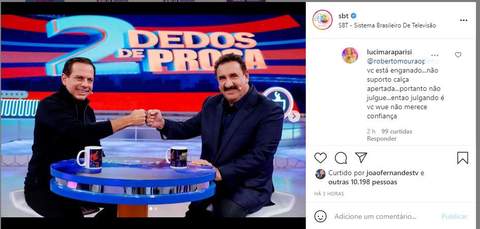 Comentário de Lucimara Parisi no perfil oficial do SBT