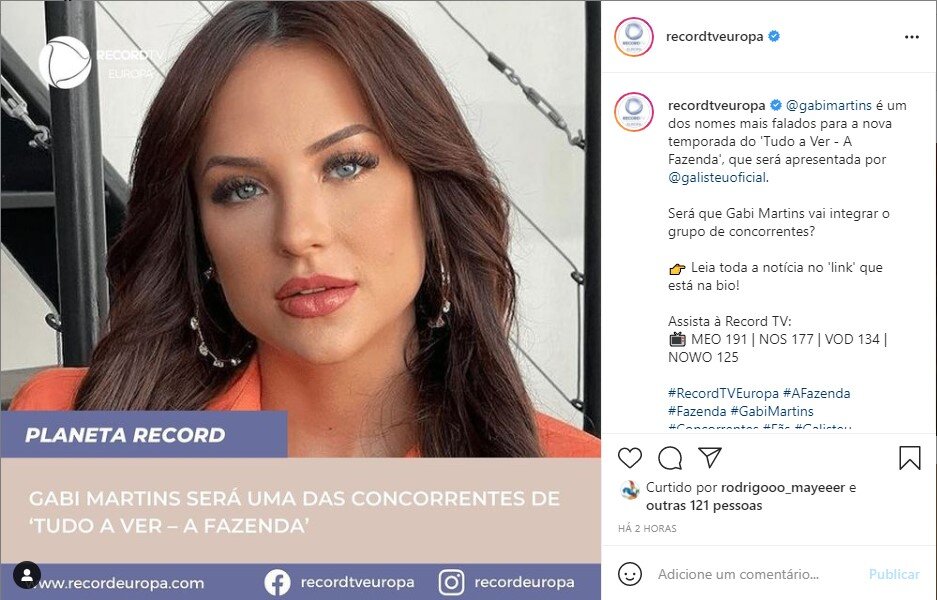 Gabi Martins no Instagram da Record Europa 