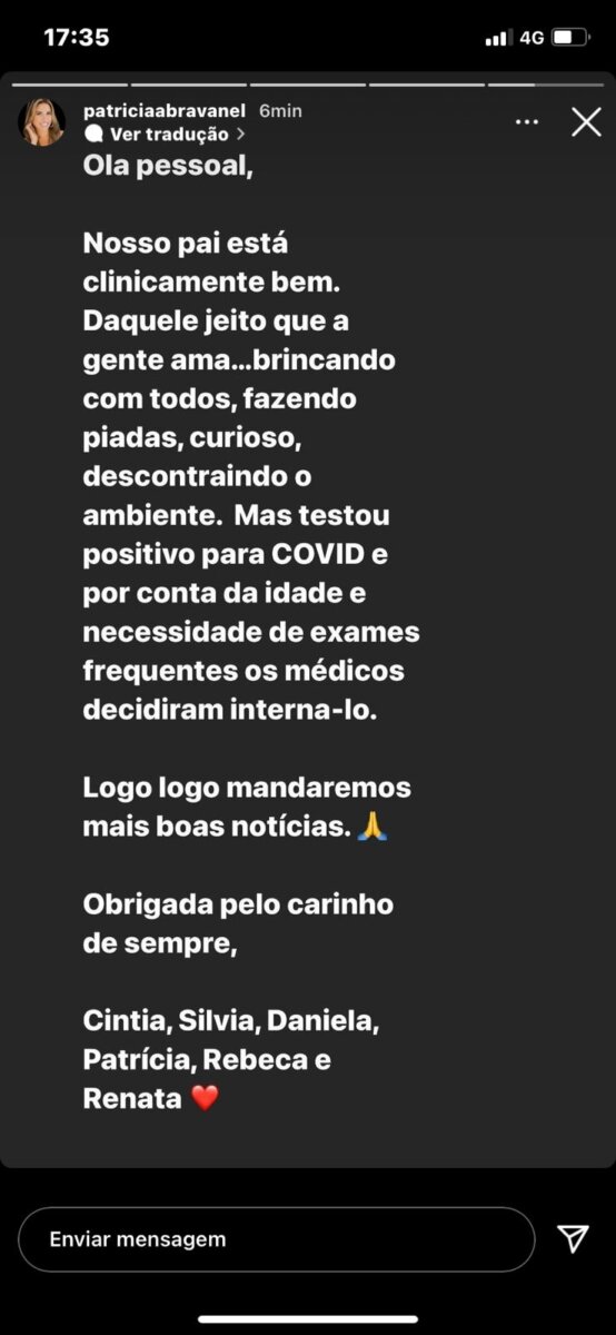 Stories de Patrícia Abravanel falando sobre o estado de saúde do pai Silvio Santos