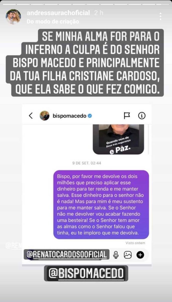 Print das mensagens postadas por Andressa Urach no storys do Instagram, em mensagem enviada no direct do Bispo Macedo