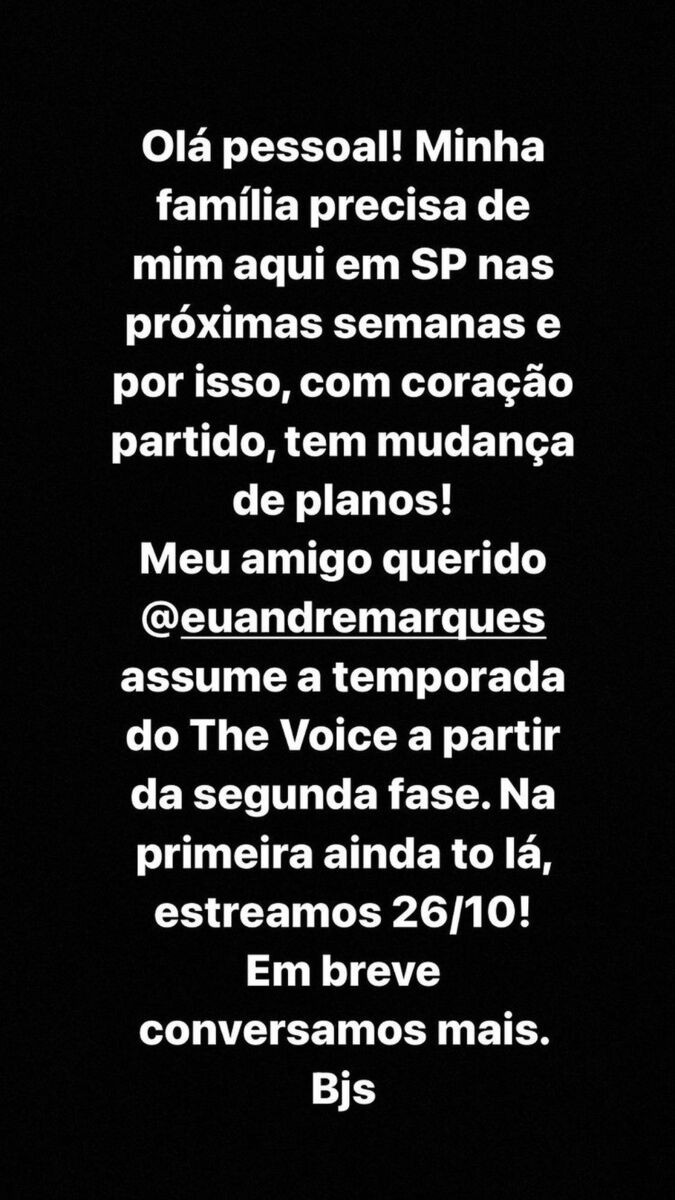 Print da publicação de Tiago Leifert nos stories do Instagram explicando os motivos de sua saída do The Voice