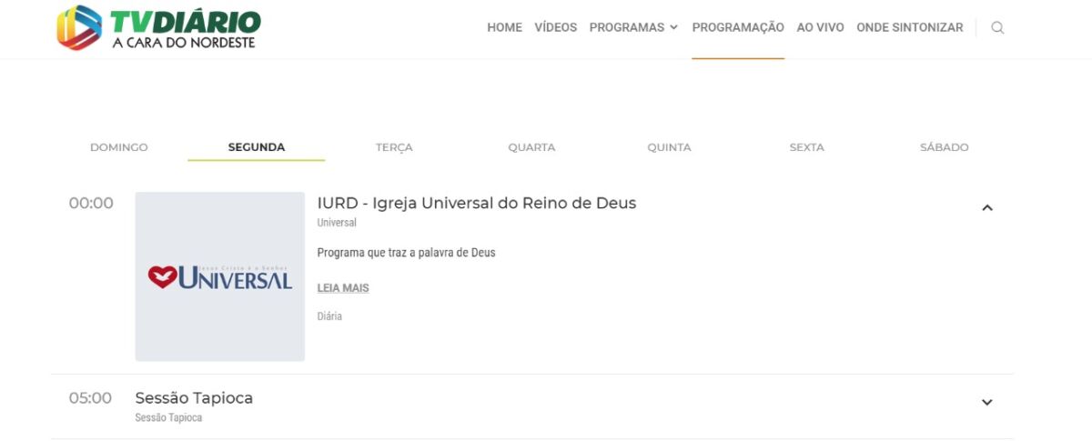 Print do site da TV Diário, indicando a programação do canal com os horário vendidos na madrugada para a Igreja Universal do Reino de Deus