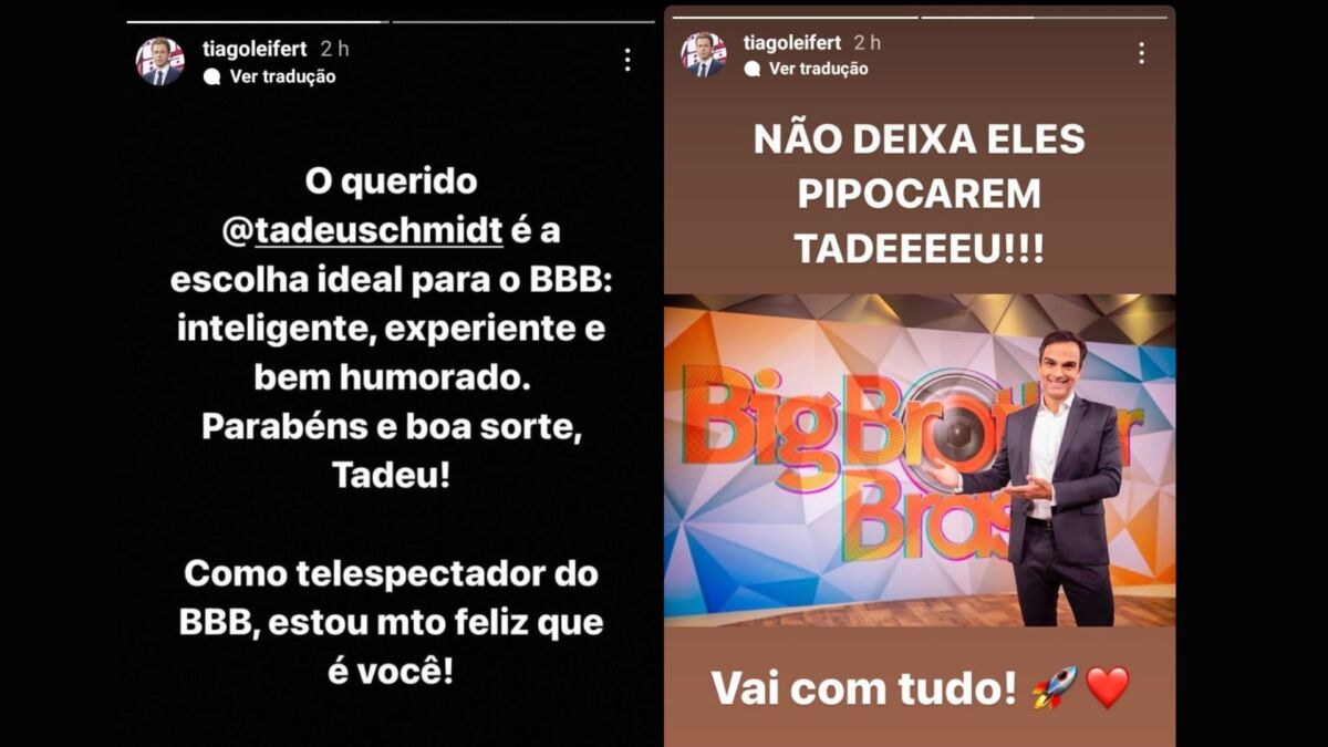 Montagem com dois stories de Tiago Leifert falando sobre a escolha de Tadeu Schmidt como apresentador do BBB