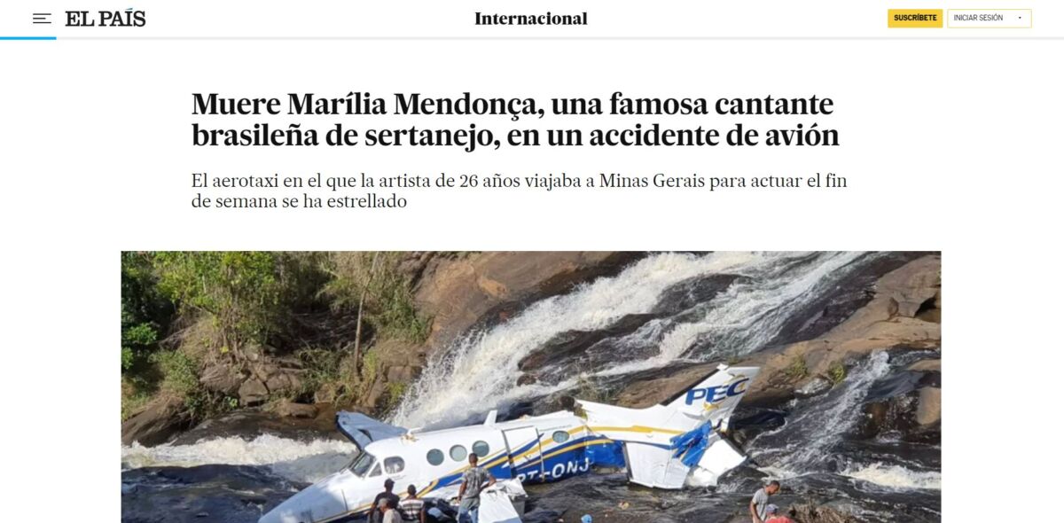 Print da matéria sobre a morte de Marília Mendonça na edição digital do portal El País, em sua versão para a América