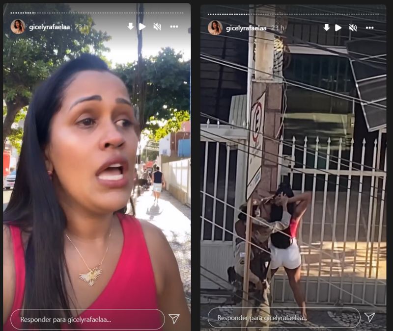 Montagem de dois prints publicados por Gicely Rafaela nos stories do Instagram.  primeiro aparece ela chorando. O segundo é da abordagem policial