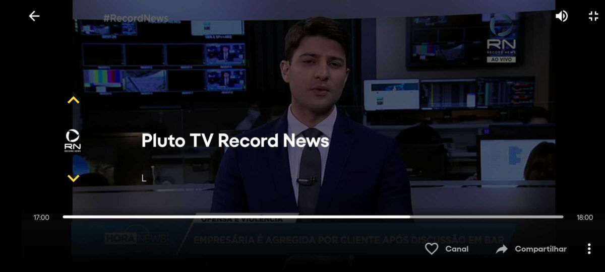 Tela da Record News no aplicativo da Pluto TV