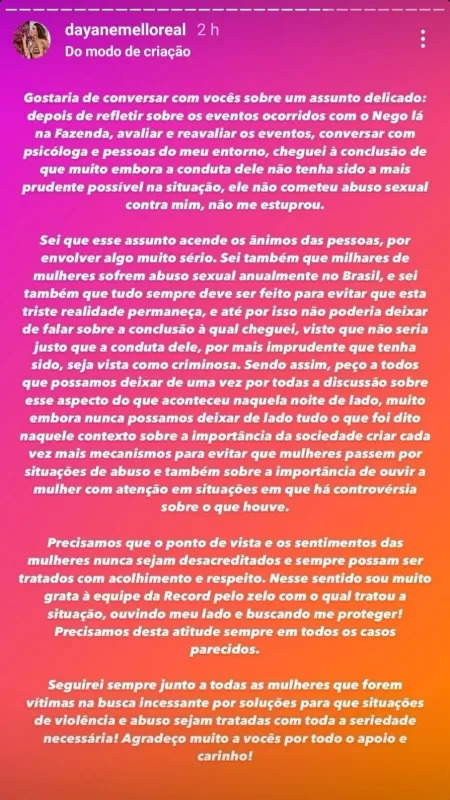 Print dos stories de Dayane Mello no Instagram em que ela fala sobre o suposto de caso de abuso sexual que sofreu de Nego do Borel em A Fazenda