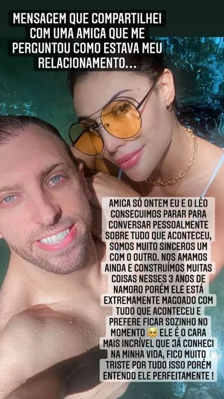 Print dos stories de Aline Mineiro no Instagram, com ela anunciando o término do relacionamento do casal