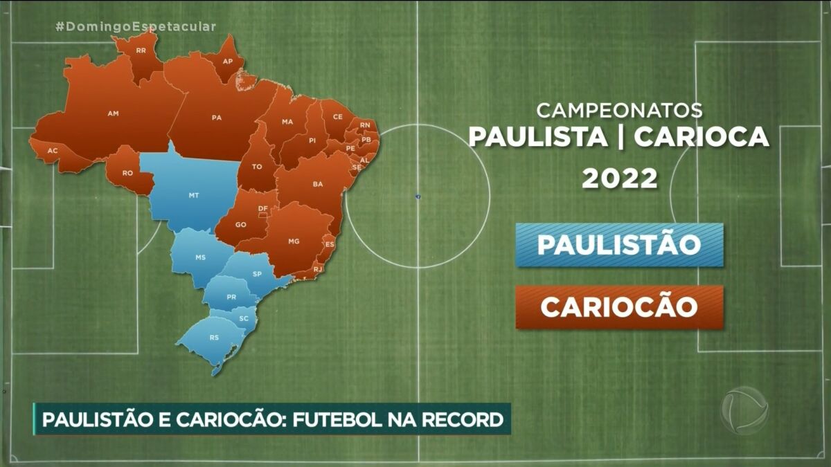 Mapa do Brasil, com as demarcações de quais estados irão exibir o Campeonato Paulista (em azul) e o Campeonato Carioca (em laranja escuro)