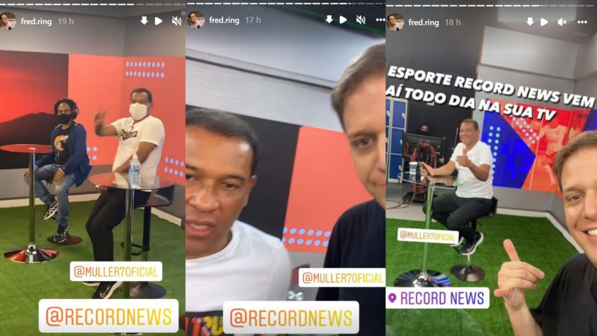 Prints do Instagram de Fred Ring nos bastidores de gravação do Esporte Record News. Jornalista ao lado de Müller nos estúdios