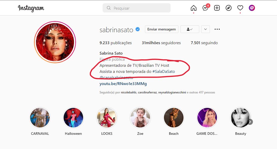 Print do perfil de Sabrina Sato no Instagram