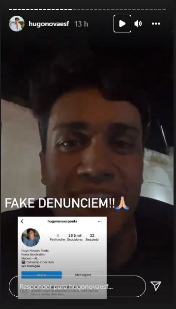 Hugo denuncia perfil fake em seu stories