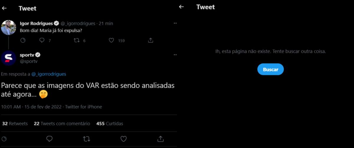 Print da publicação do perfil do SporTV sobre o caso da baldada, ao lado do print comprovando a publicação apagada 