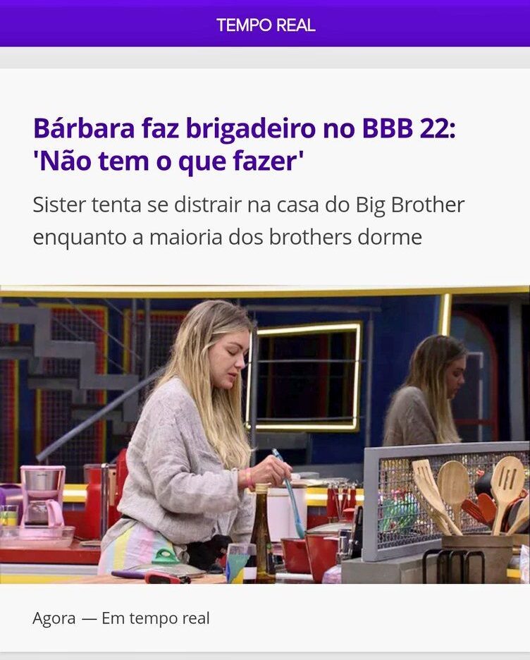 Print da página oficial do BBB 22 com a manchete de Bárbara fazendo brigadeiro