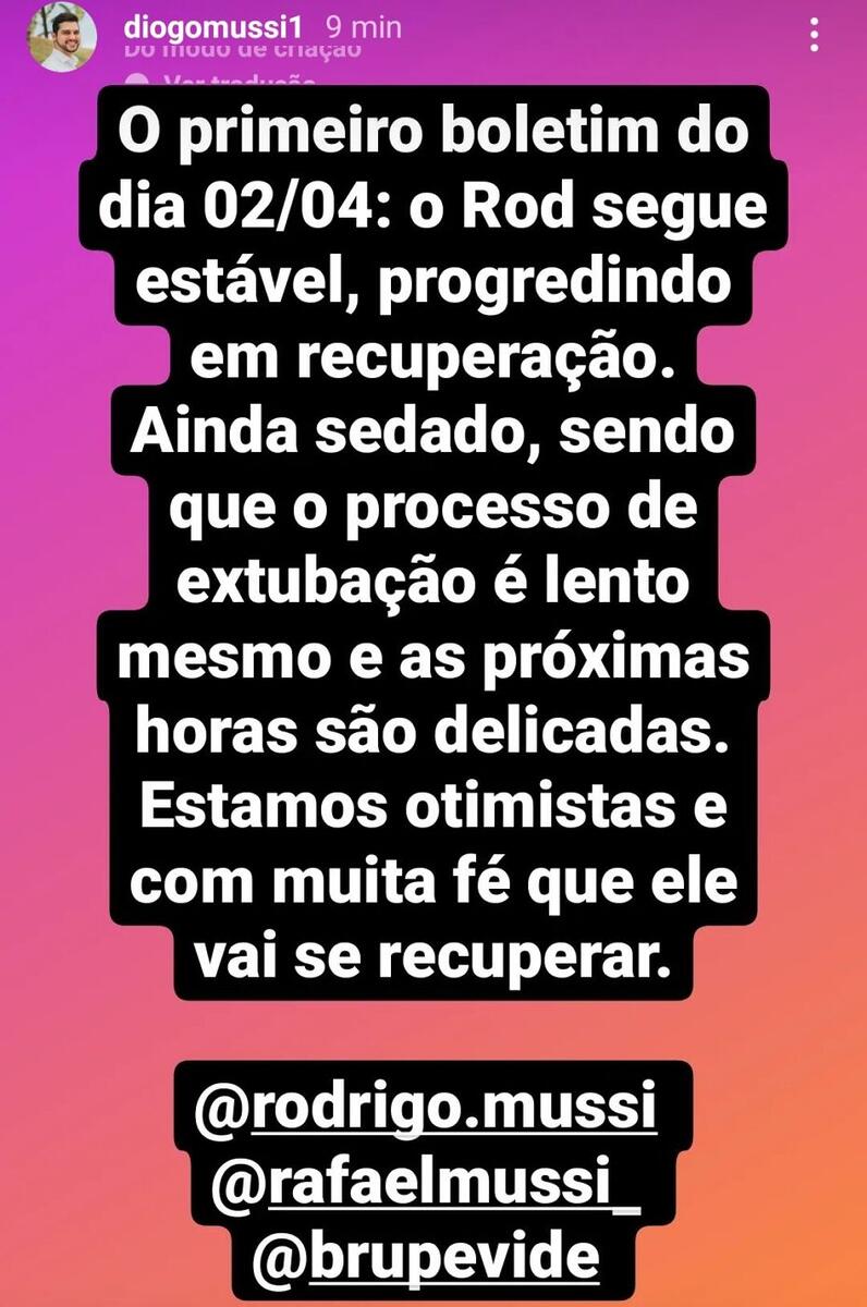 Print dos stories de Diogo Mussi no Instagram, atualizando o estado de saúde do irmão 