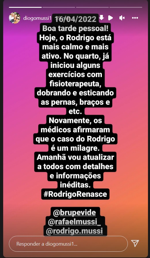 Print do Instagram de Diogo Mussi, sobre o estado de saúde de Rodrigo Mussi