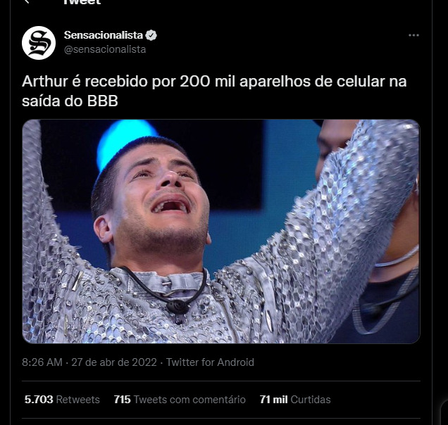 Publicação do Sensacionalista sobre Vitória de Arthur Aguiar