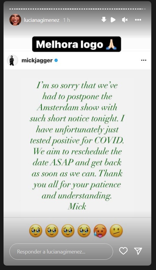 Print dos stories de Luciana Gimenez desejando melhoras para Mick Jagger