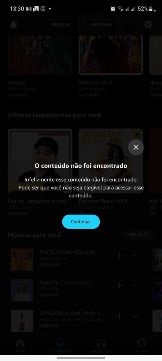 Print do Amazon Music apresentando problemas com o novo EP de Marília Mendonça