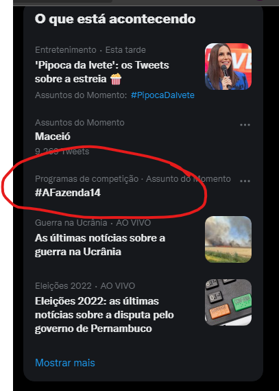 Print com a hashtag de A Fazenda 14 entre os assuntos mais comentados do Twitter