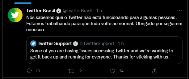 Comunicado do Twitter sobre a queda do serviço nesta quinta-feira (14)