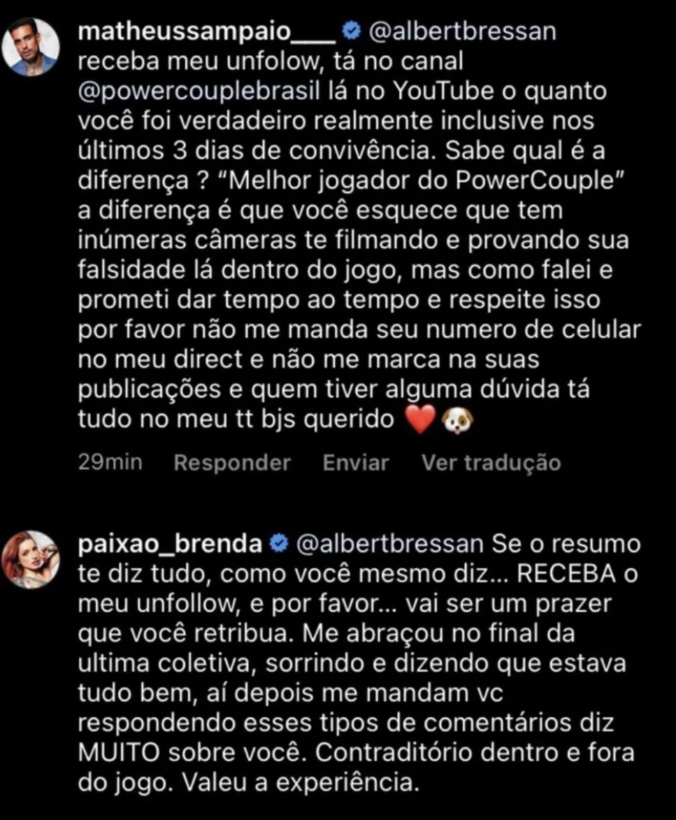 Comentários de Matheus e Brenda no perfil do Power Couple Brasil 6