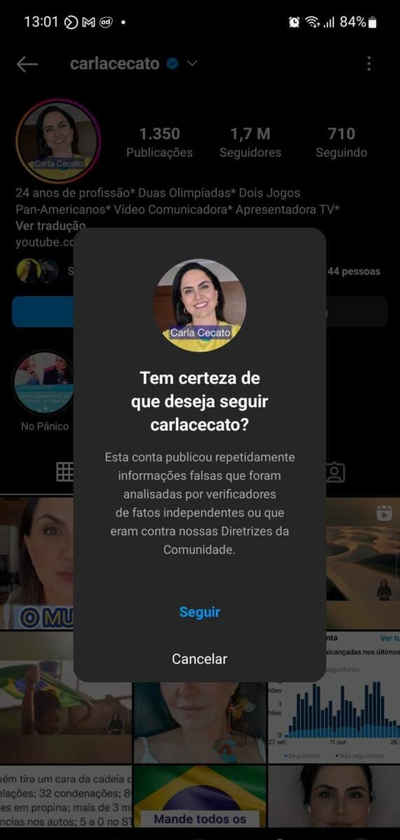 Aviso do Instagram para o perfil de Carla Cecato