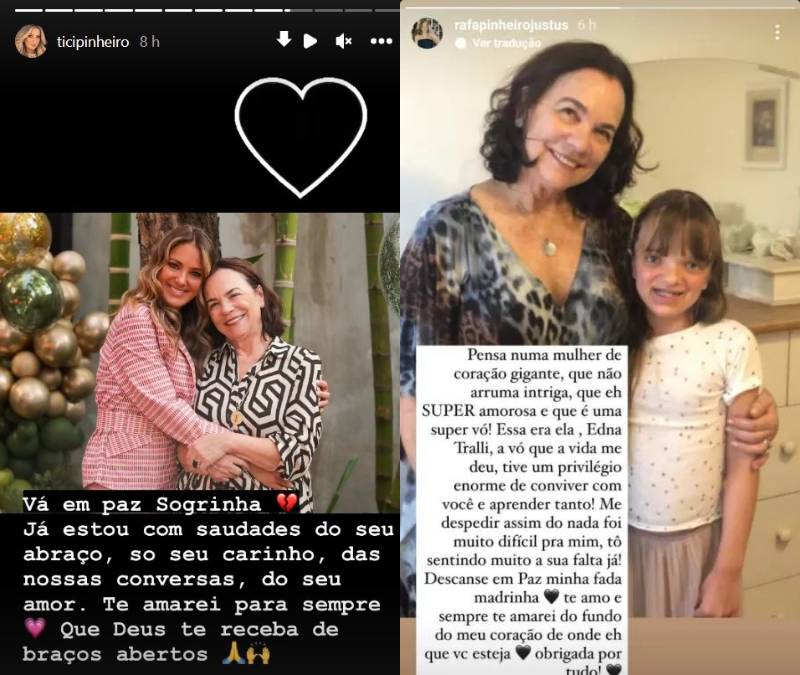 Prints dos stories de Ticiane Pinheiro e Rafaella Justus lamentam a morte de Edna Tralli através do Instagram