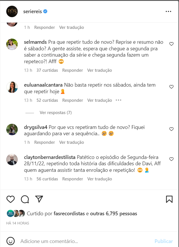 Comentários contra a série Reis da Record TV