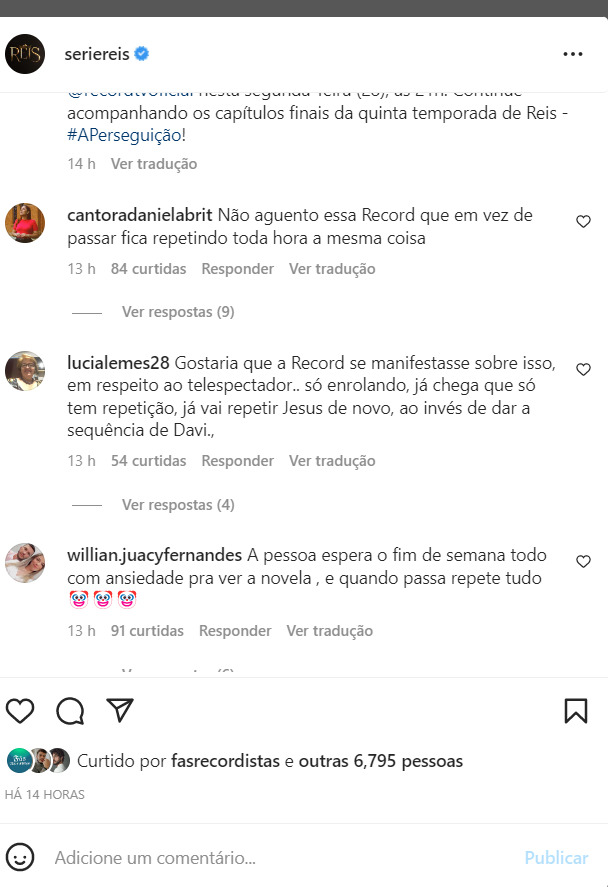 Comentários contra a série Reis da Record TV