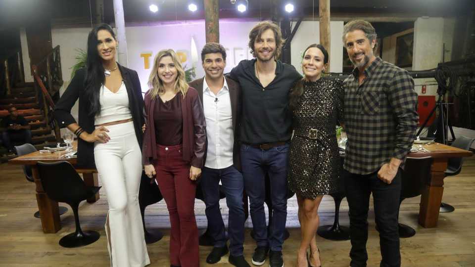 Jaque do Vôlei, Mylena Ciribelli, Felipe Bronze, André Bankoff, Juliana Knust e Marcos Mion no 'Top Chef' |