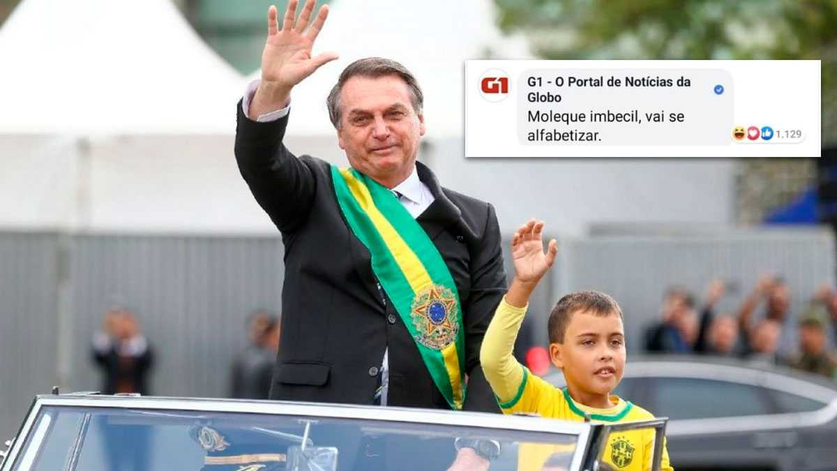 Garoto de nove anos ao lado do Presidente Jair Bolsonaro e o comentário do G1, feito por um funcionário da Globo