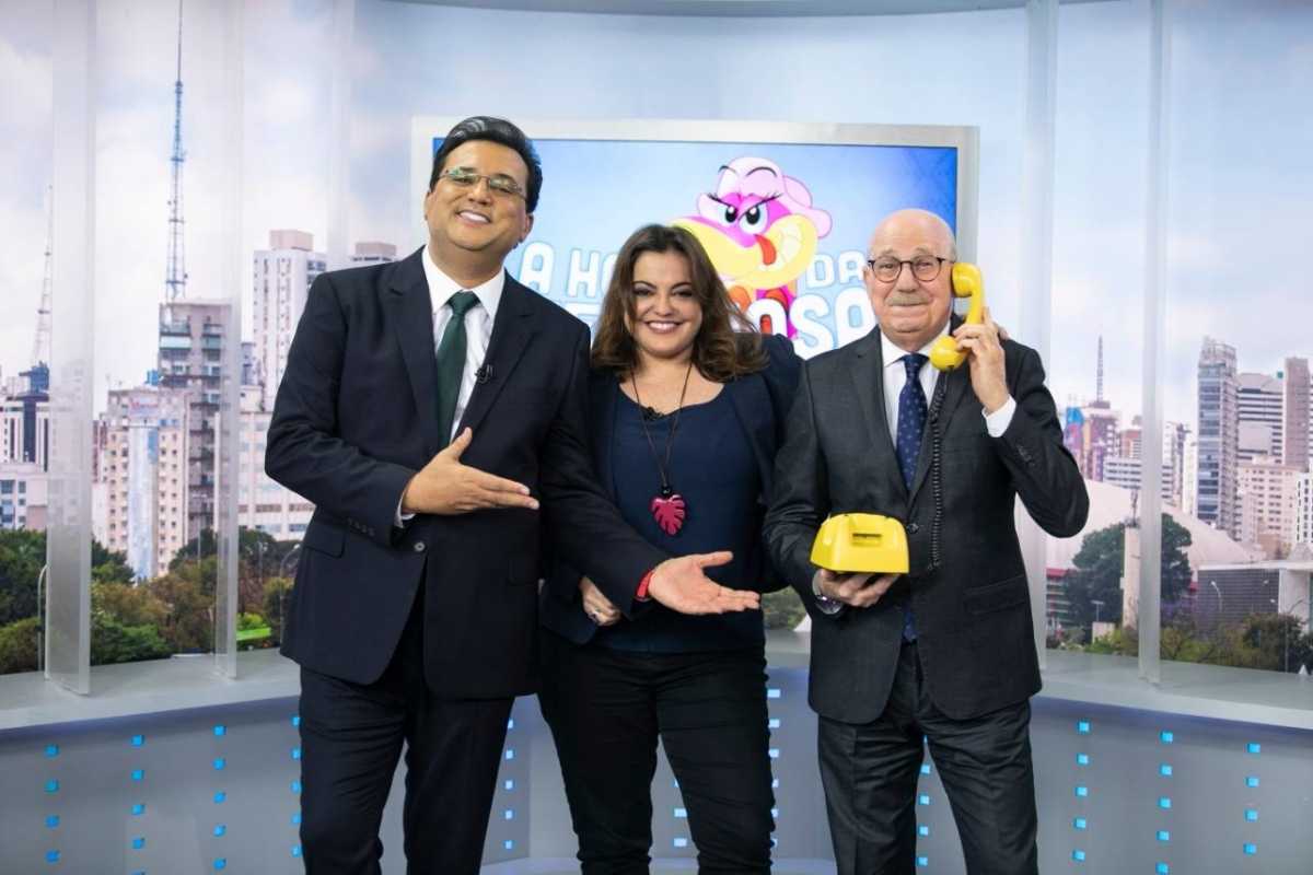 Geraldo Luis, Fabíola Reipert e Renato Lombardi nos bastidores do 'Balanço Geral SP'