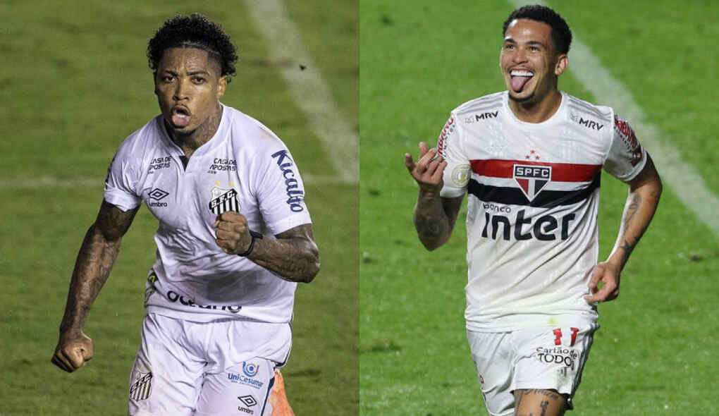 Jogadores Marinho e Luciano comemorando gols com as camisas de Santos e São Paulo respectivamente