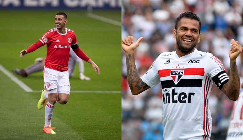 Jogadores Thiago Galhardo e Daniel Alves, com as camisas de Internacional e Flamengo respectivamente