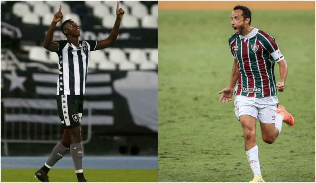 Jogadores Matheus Babi e Nene com as camisas de Botafogo e Fluminense, respectivamente