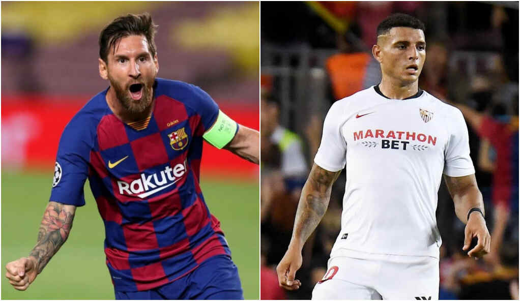 Jogadores Messi e Diego Carlos comemorando gol com as camisas de Barcelona e Sevilha, respectivamente