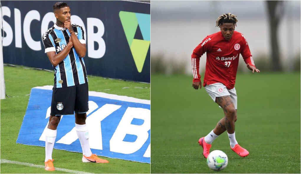 Jogadores Jean Pyerre e Abel Hernández em campo com as camisas de Grêmio e Internacional, respectivamente