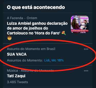 Termo "Sua Vaca" aparece nos assuntos do momento no Twitter