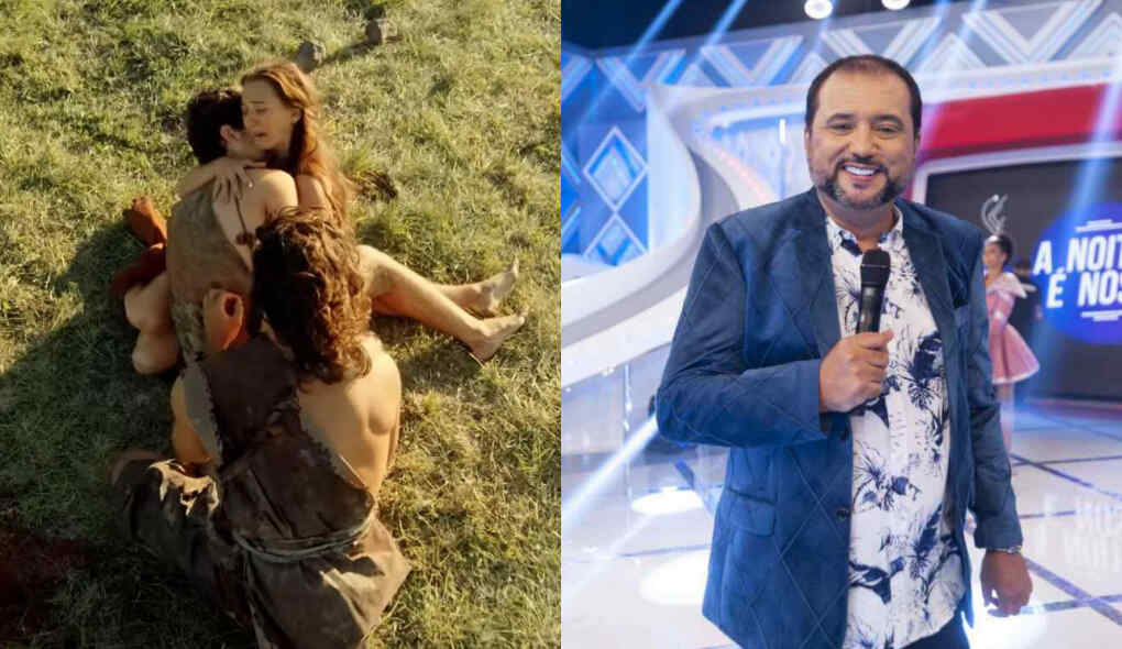 Montagem com cena da novela Gênesis e Geraldo Luís no estúdio do A Noite é Nossa