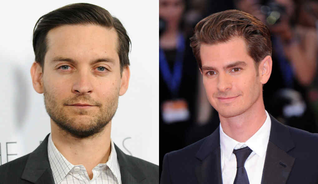 Atores Tobey Maguire e Andrew Garfield em uma montagem