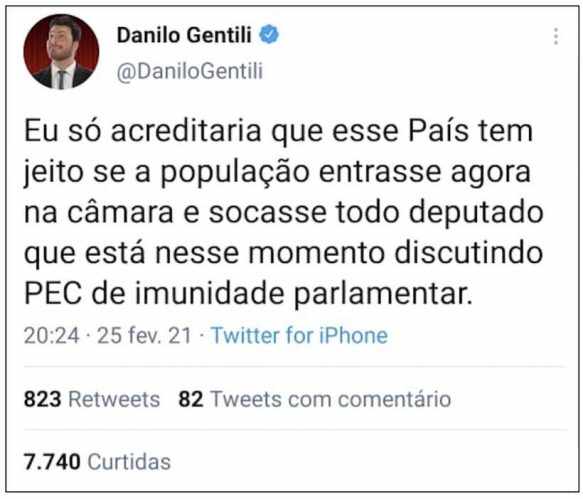 Twitter de Danilo Gentili criticando a PEC