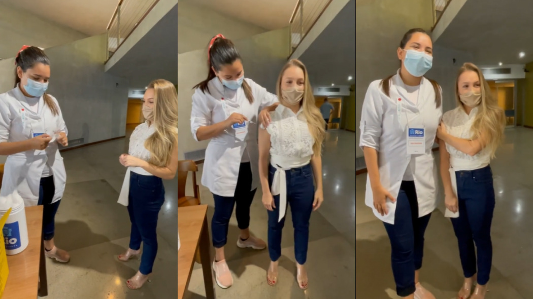 Carla Diaz sendo vacina contra a covid-19